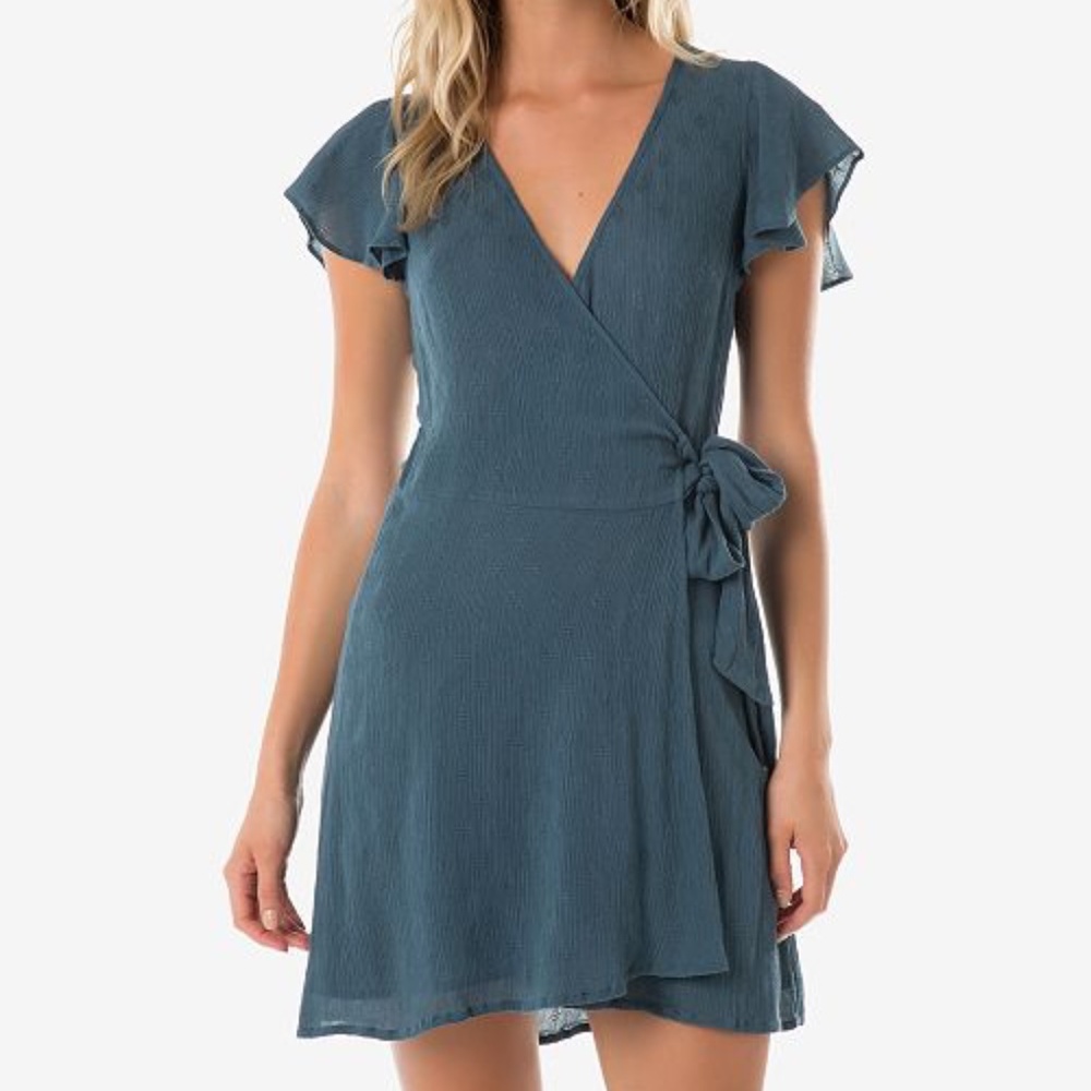 NEW O'Neil Maureen teal blue flutter sleeves dainty wrap dress Size XS